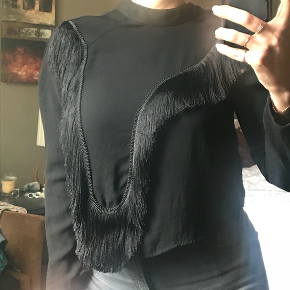 BLACK CREW NECK TASSLE BLOUSE, SIZE 4 - Picture 3 of 3